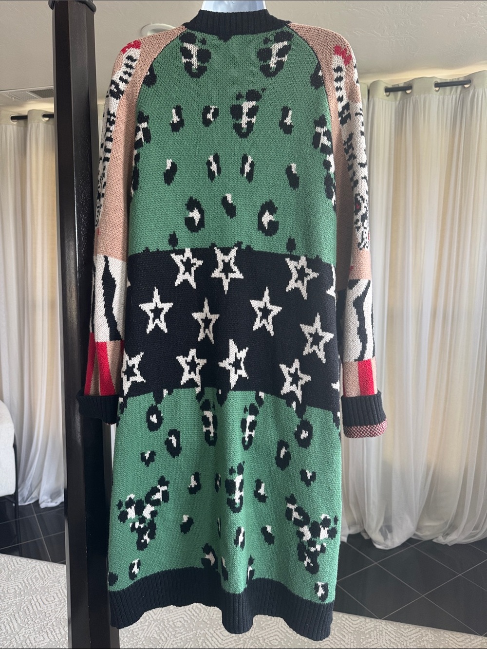Vilagallo Green Black Star & Leopard Print Knit Cardigan with Pink Accents